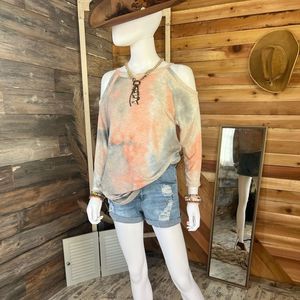 First Love Cold Shoulder quarter sleeve Tie Dye Tunic in Coral and Gray 💗